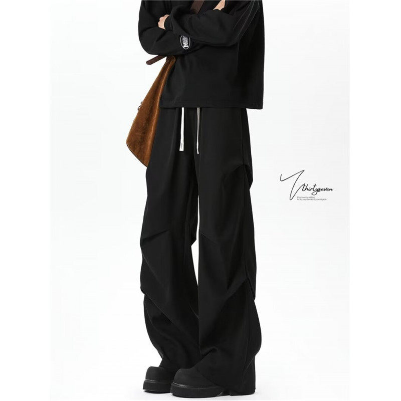 美式黑色褶皱伞兵工装裤男士潮牌加绒宽松直筒阔腿裤学生休闲长裤