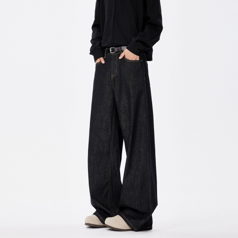 美式复古牛仔裤男秋冬季潮牌宽松直筒阔腿裤休闲垂感拖地牛仔长裤