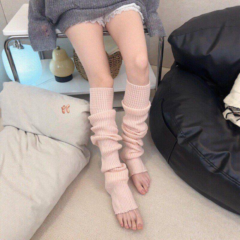 方格边粉色堆堆袜套女春秋冬甜美少女竖条纹小腿袜腿套过膝长筒袜