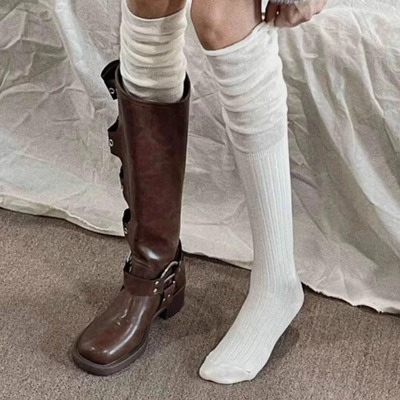 秋冬季过膝袜拼接白色堆堆袜纯欲风长筒袜过膝秋冬美拉德搭配长靴