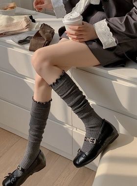 纯棉抽条花边小腿袜女秋冬季双针抗起球长袜女显瘦压力袜美腿袜