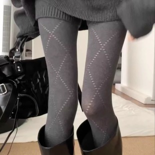 May3socks秋冬miu系灰色菱形格弹力显瘦保暖性感丝袜打底连裤 袜女