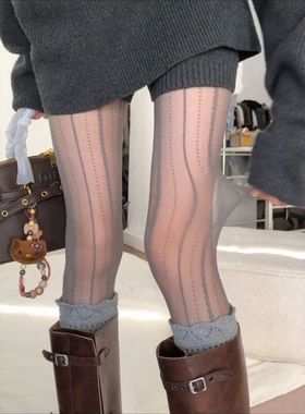 May3socks 竖条纹灰丝袜女miu系连裤袜防勾丝裤袜搭配长靴打底裤