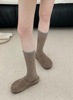 may3socks 撞色麻花羊毛中筒袜女春秋加厚保暖复古百搭长筒堆堆袜