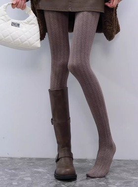 美拉德咖色竖纹麻花链条连裤袜女瘦腿简约百搭棉打底袜
