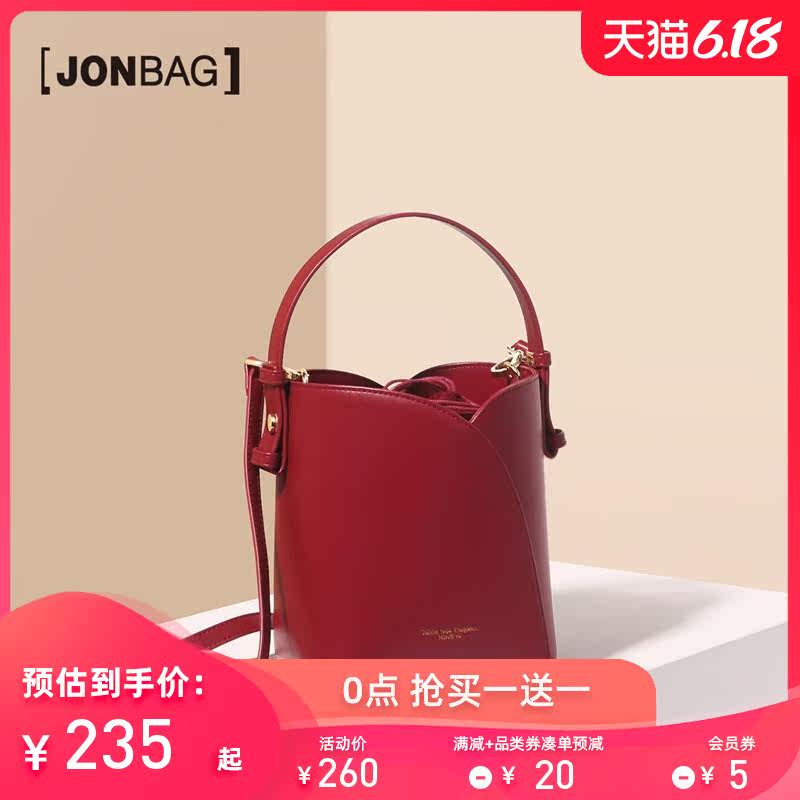 简佰格红色手提包斜挎小包包女包新款2020夏天大容量百搭水桶包女