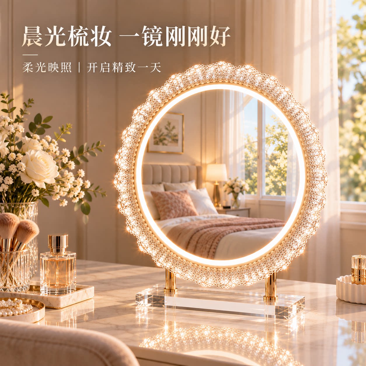 化妆镜带灯智能LED灯补光镜法式轻奢家用圆形台式镜梳妆台美妆镜