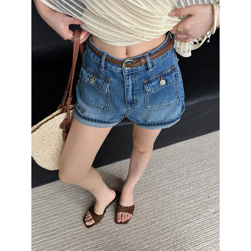 PAPERLLL辛间 美式工装风 复古翻盖口袋中腰牛仔短裤女夏辣妹热裤