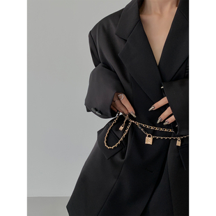 PAPERLLL 辛间ins百搭小香风金属皮制编制腰带配饰女细链装饰