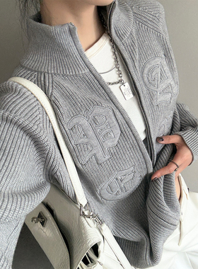 PAPERLLL辛间 Cozy玩家 美式立领拉链刺绣印花毛衣开衫女秋冬上衣