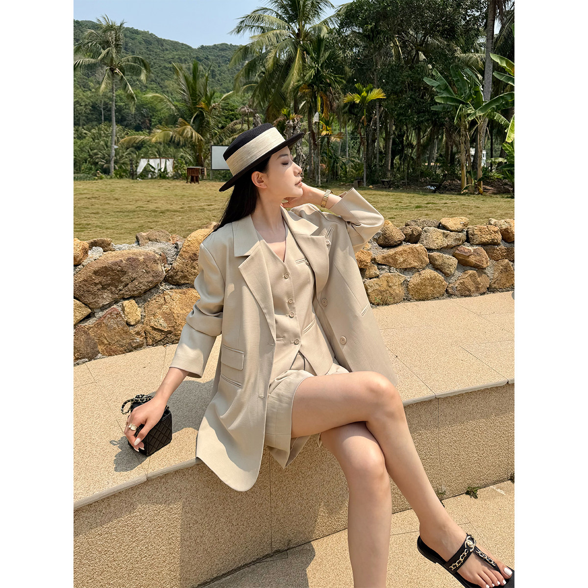 PAPERLLL辛间 气质OL 老钱风亚麻西装外套马甲短裤女春通勤套装