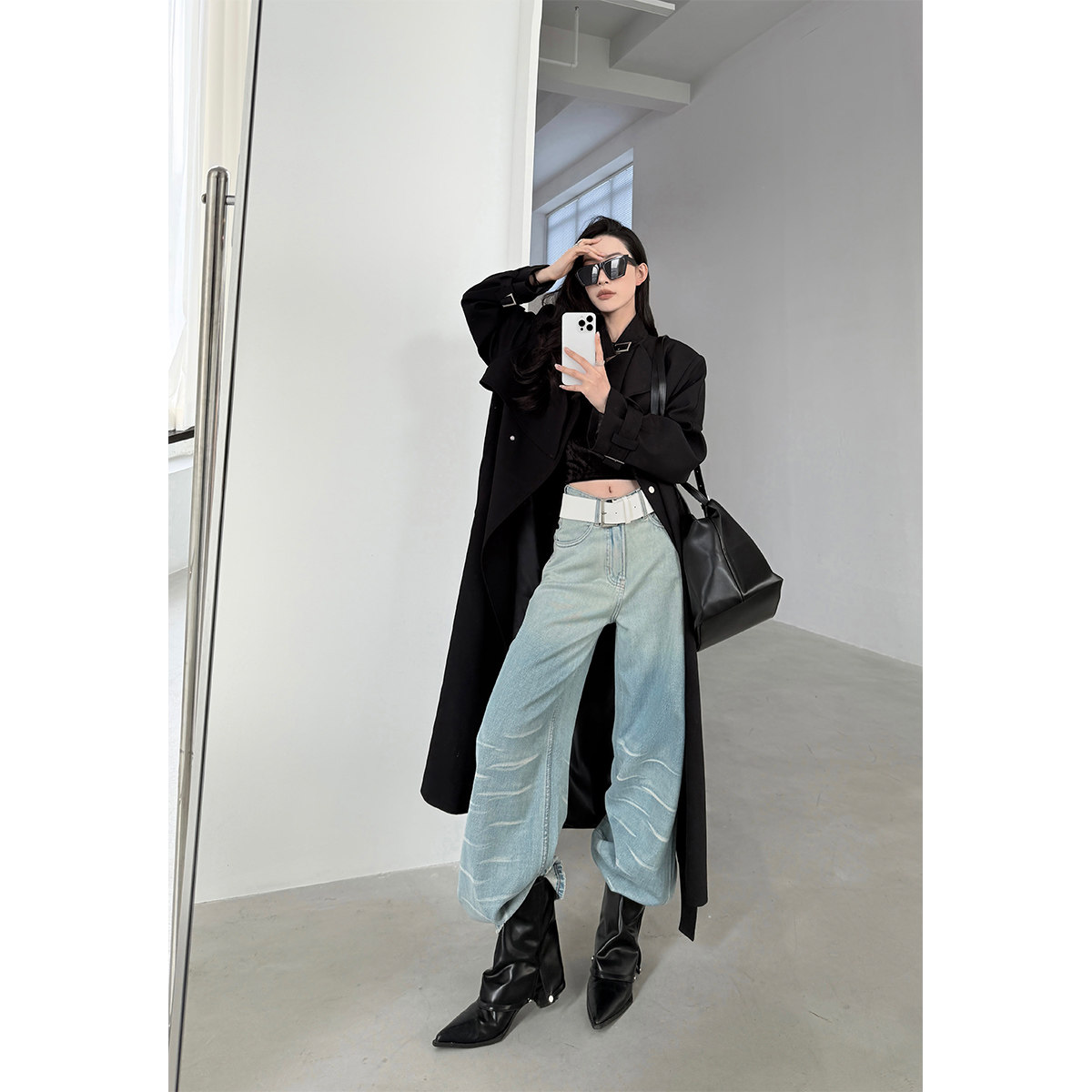 PAPERLLL辛间做旧折痕腰带直筒牛仔裤女春秋宽松显瘦阔腿休闲长裤