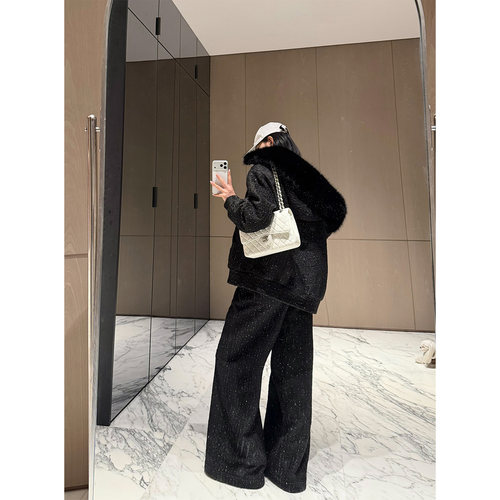 PAPERLLL辛间 City漫游 毛领连帽短款卫衣阔腿裤女冬时尚加厚套装