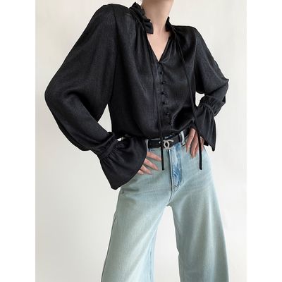 PAPERLLL辛间 秋日序曲 法式醋酸喇叭袖衬衫女上衣气质宽松衬衣