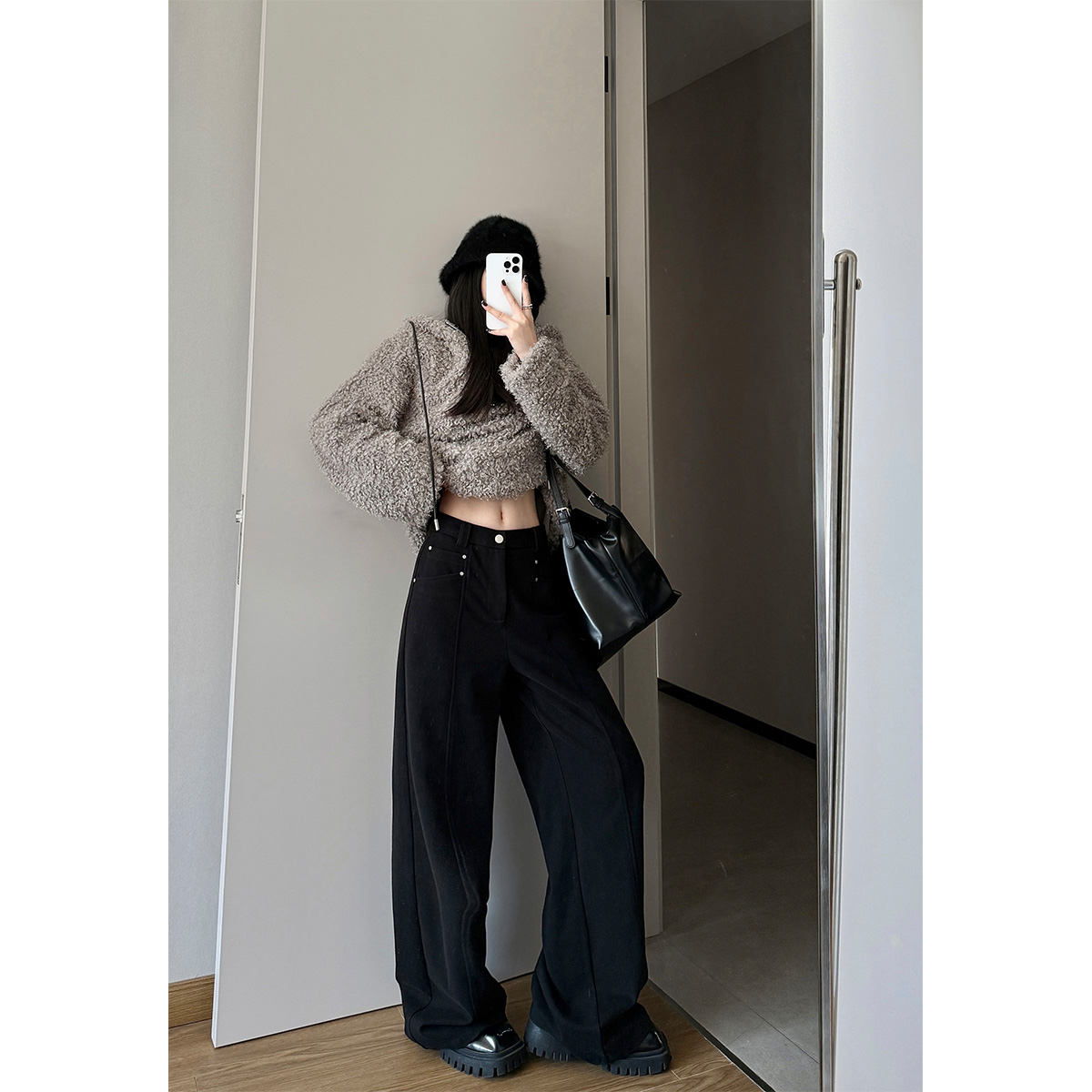 PAPERLLL加绒加厚西装裤黑色毛呢阔腿裤女2025新款秋冬直筒裤子