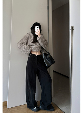 PAPERLLL加绒加厚西装裤黑色毛呢阔腿裤女2025新款秋冬直筒裤子