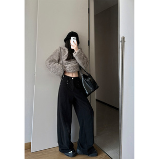 秋冬直筒裤 PAPERLLL加绒加厚西装 女2025新款 黑色毛呢阔腿裤 子 裤