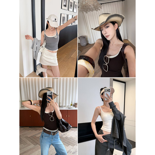 PAPERLLL辛间 自由呼吸 免bra假两件撞色坑条桑蚕丝吊带女夏背心