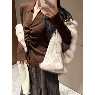 轻熟风V领抽褶设计羊毛开衫 风 女冬显瘦上衣 错位季 PAPERLLL辛间