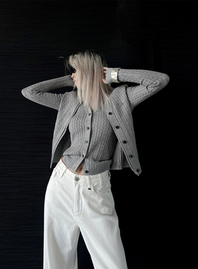 PAPERLLL辛间 时髦智性 早秋麻花针织开衫修身背心两件套女上衣