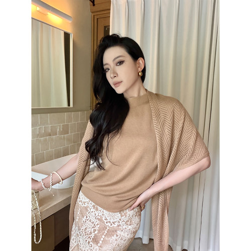 PAPERLLL辛间 温雅简致 知性半高领针织衫镂空披肩女秋通勤两件套