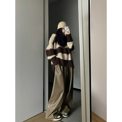 秋冬新款蛋白皮裤松紧高腰休闲裤