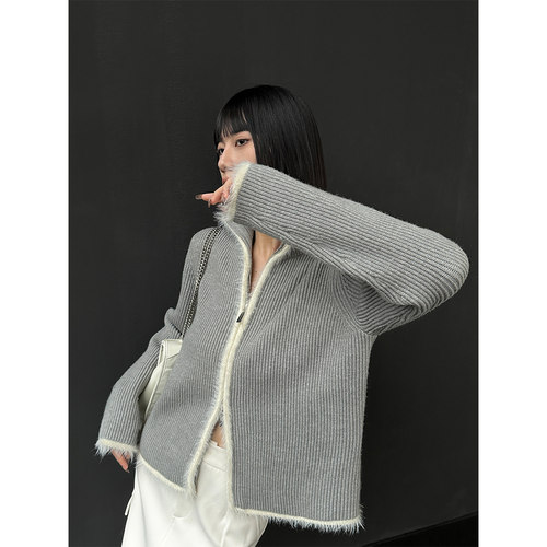 个性撞色羊毛北极绒毛边毛衣