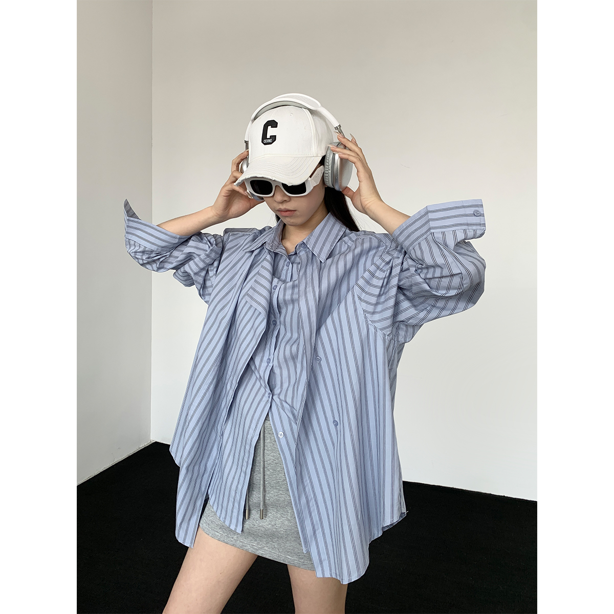 PAPERLLL辛间 Ji致解构 不对称设计感门襟条纹衬衫女宽松气质上衣