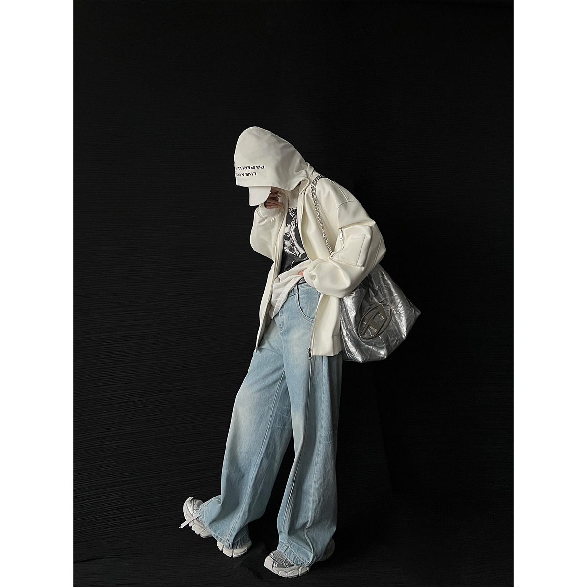 PAPERLLL辛间 褪色日记 美式水洗做旧阔腿弯刀牛仔裤女直筒长裤