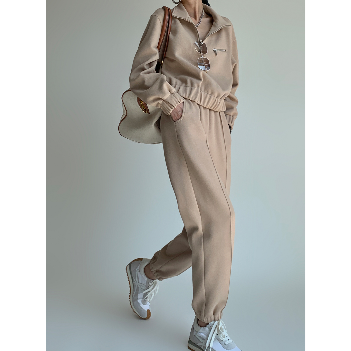 早秋ins风立领宽松休闲运动套装