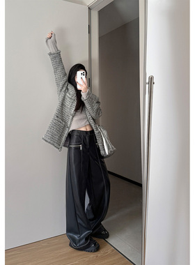 PAPERLLL辛间黑色皮裤女2025新款秋冬加绒高腰直筒休闲磨毛阔腿裤