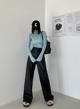 PAPERLLL辛间黑色高级感皮裤女2025新款冬款加绒高腰显瘦阔腿裤