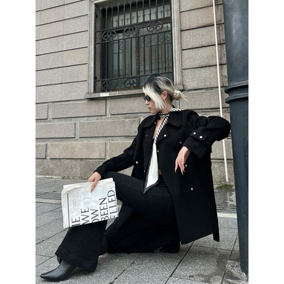 PAPERLLL辛间 轻奢复古 羊绒小翻领中长款收腰大衣女气质毛呢外套