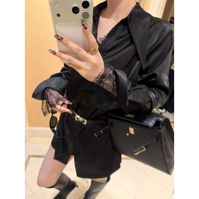 PAPERLLL辛间|雅痞腔调|高级感尖翻V领拼接蕾丝中长款收腰衬衫女