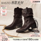 百思图冬季 美拉德粗跟尖头加绒女棕色堆堆骑士短靴F3061DZ5 新款