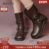 百思图2025冬季 新款 潮酷通勤扣带圆头粗跟短靴棕色女靴B8606DZ5