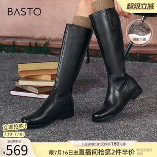 百思图冬商场新款牛皮长筒靴骑士靴粗跟加绒棉鞋女靴A5206DG4