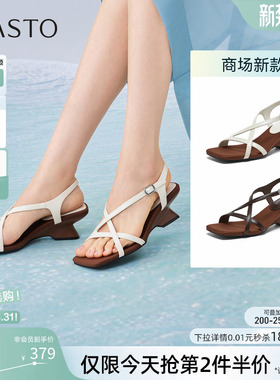 百思图2026夏季商场新款复古高跟绑带罗马凉鞋粗跟女鞋F5028BL6