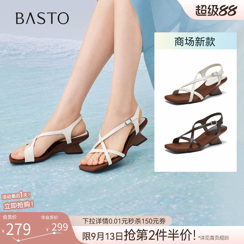 百思图2026夏季商场新款绝美高跟绑带罗马凉鞋粗跟女鞋F5028BL6										