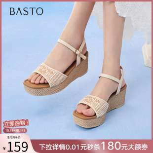 舒适羊皮厚底坡跟一字带女凉鞋 时尚 C5972BL5 新款 百思图2025夏季