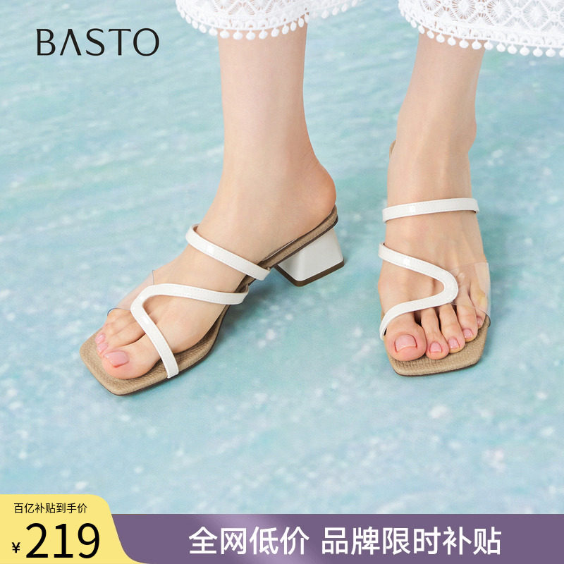 百思图2026夏季新款时尚复古凉拖鞋方头粗高跟外穿女拖鞋F3101BT6