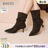 小踝靴细跟尖头女短靴K5056DZ5 气质堆堆靴法式 百思图冬季 新款