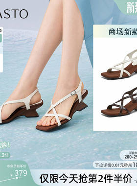 百思图2026夏季商场新款复古高跟绑带罗马凉鞋粗跟女鞋F5028BL6