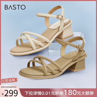 气质露趾条带一字带粗跟女凉鞋 时尚 TS501BL4 商场新款 百思图夏季