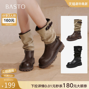 百思图2025冬季 厚底堆堆靴西部靴短筒骑士靴女中筒靴BP996DZ5 新款