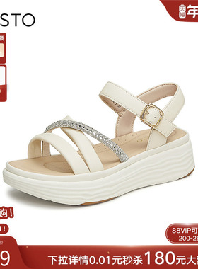 百思图夏商场新款运动风休闲凉鞋松糕厚底女沙滩凉鞋UHR03BL4