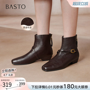 通勤方头复古短靴粗跟女时装 靴F3051DD5 商场新款 百思图冬季