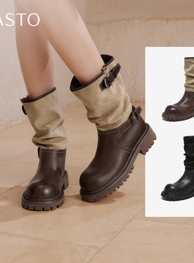 百思图冬季新款厚底堆堆靴西部靴短筒骑士靴女中筒靴BP996DZ5
