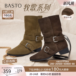 复古粗跟尖头女短靴K5053DZ5 真皮西部靴时尚 百思图2025冬季 新款