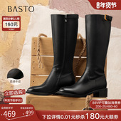 百思图25冬新款 牛皮圆头粗跟骑士靴通勤女大筒围高筒长靴AX891DG5